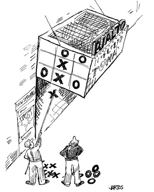 Playing Noughts and Crosses on the Cinema Board.