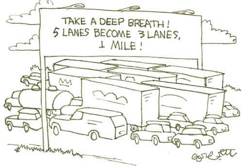 TAKE A  DEEP BREATH!  5 lanes becomes 3 lanes, 1 mile