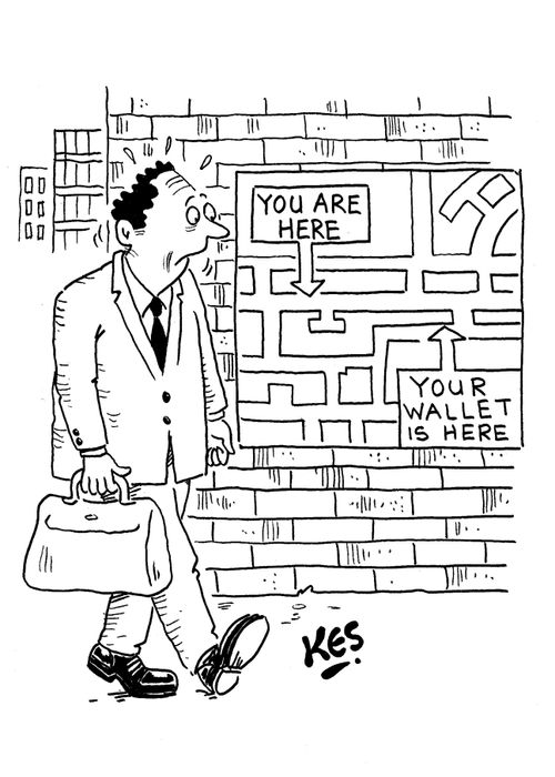 Man looks at street map: You are here/ Your wallet is here.
