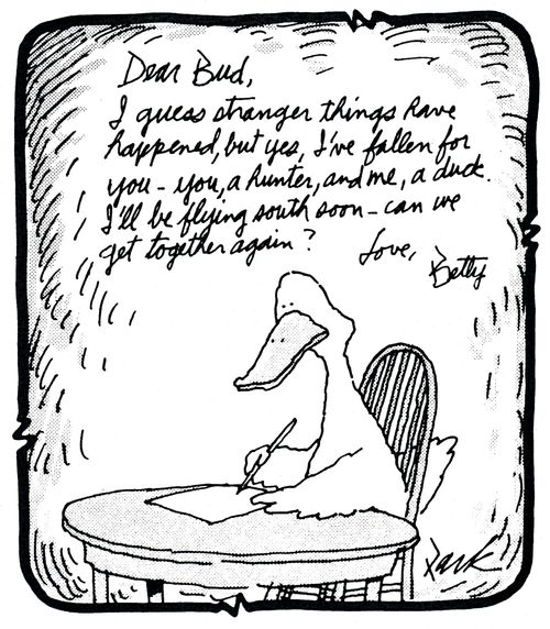 Duck writing love letter to hunter