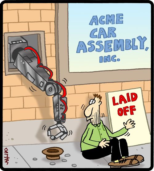 Robot arm shows charity to a laid off beggar.