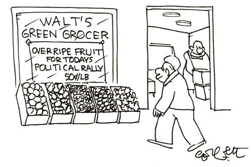 Greengrocer selling rotten fruit for a political rally.