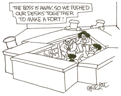'The boss is away, so we pushed our desks together to make a fort.'