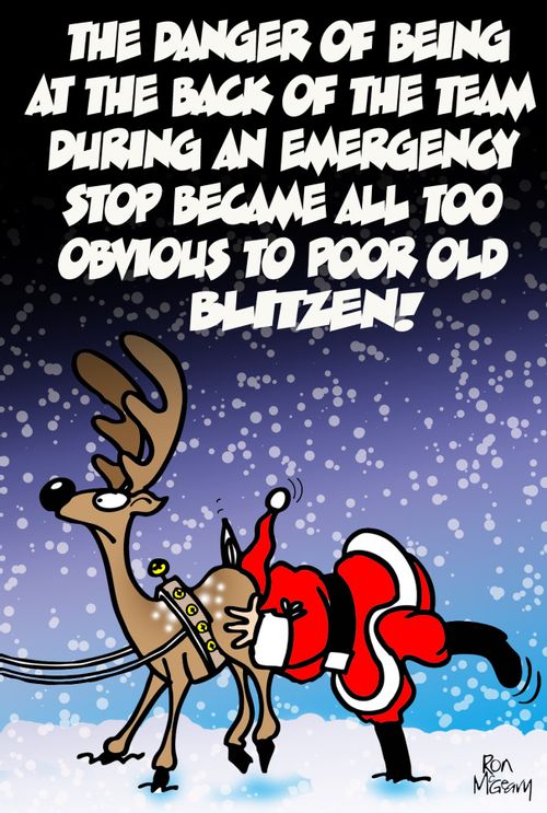 The Dangers of being at the back of the team during an emergency stop became all too obvious to poor old Blitzen.'