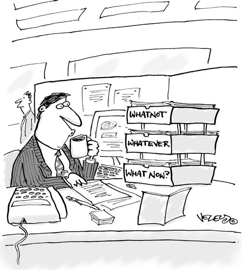 Desk bins: 'Whatnot,' 'Whatever,' and 'What now?'