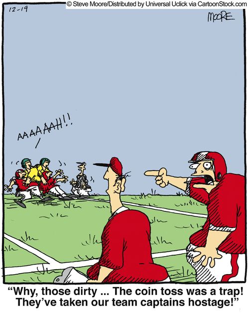 'Why, those dirty... The coin toss was a trap! They've taken our team captains hostage!'