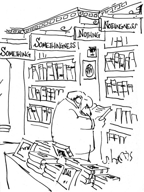 Book Shop with Sections Named 'Something, Somethingness, Nothing, and Nothingness'.