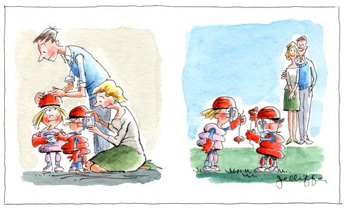 Parents dressing children in protective gear in order to play conkers.