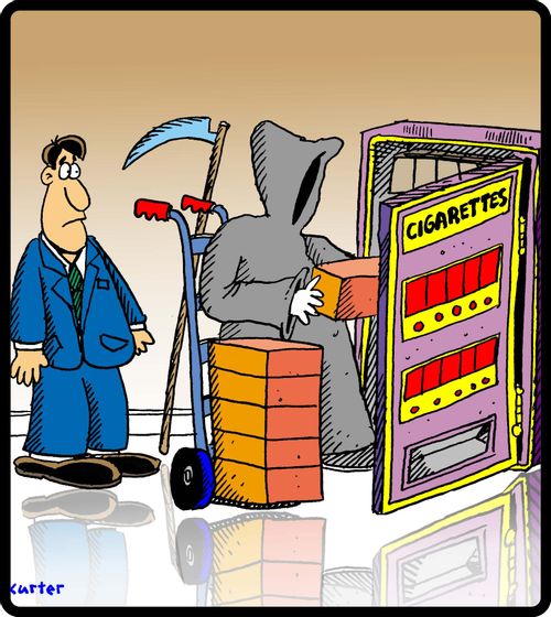 Death stocks a cigarette vending machine.