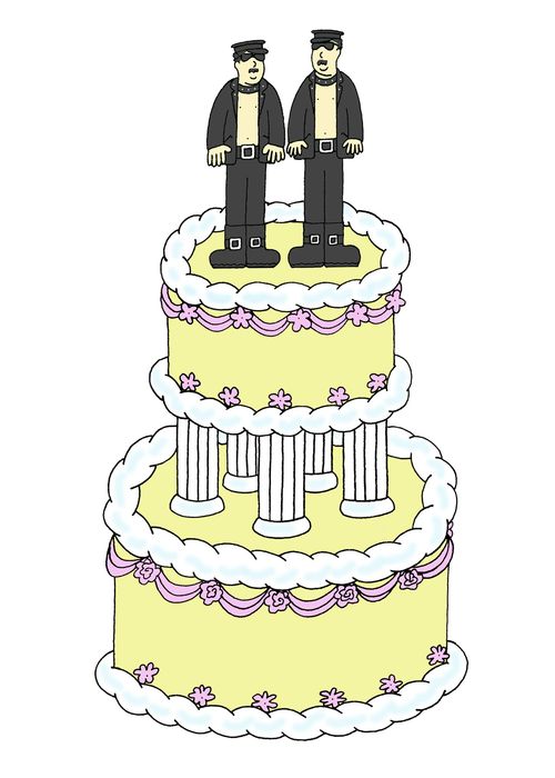 Civil Union cake with men in leather.