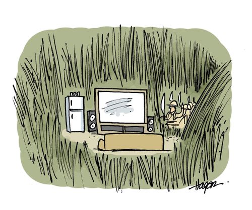 Explorers come across big screen TV and fridge in jungle.