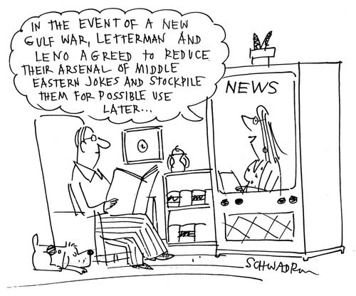 'In the event of a new Gulf War, Letterman and Leno agreed to reduce their arsenal of middle eastern jokes and stockpile them for possible use later...'