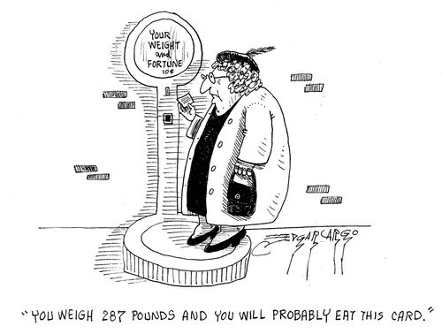 'You weight 287 pounds and you will probably eat this card.'