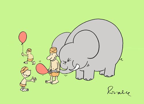 Elephant blowing up balloons