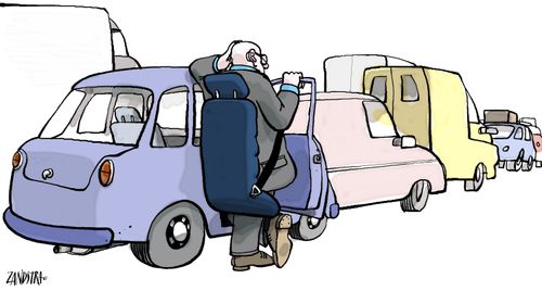 Man stood outside car in traffic jam, seat strapped to his back.