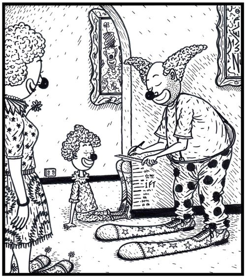 A Father Clown marking the growth progress of his son's shoe size.