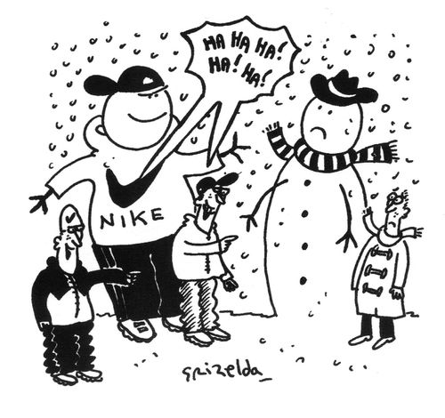 Kids laughing at a badly dressed snowman.