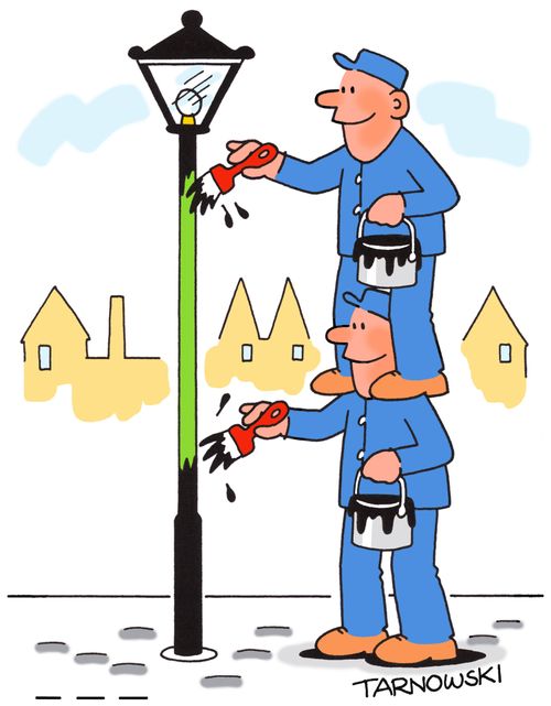 Using teamwork to paint a lamppost.