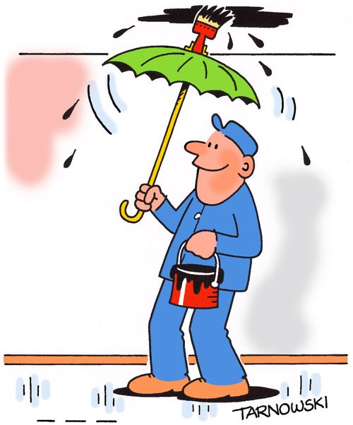 Ceiling painter with an umbrella.