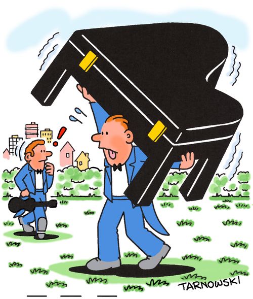 Pianist carrying his instrument.