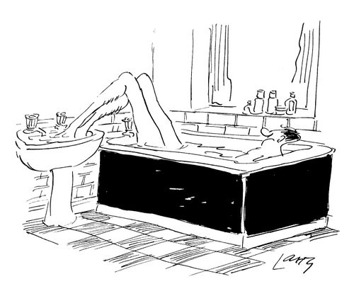 Tall man struggling to fit in his bath