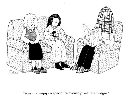 Domestic scene, "You're dad enjoys a special relationship with the budgie"