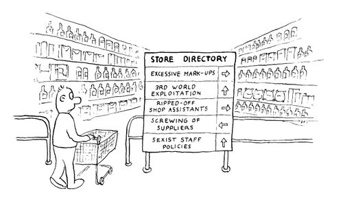 Department store direction sign, "excessive mark ups, 3rd world exploitation, ripped off shop assistants, etc"