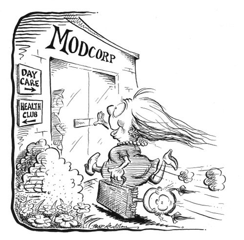 Mother racing to work for a company with day care and a health club.