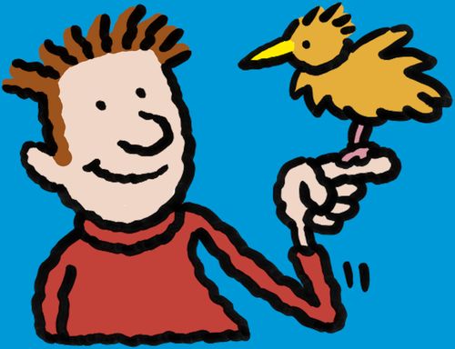 A man with a bird perched on his finger.