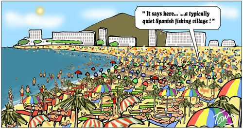 ' It says here....a typically quiet Spanish fishing village!'