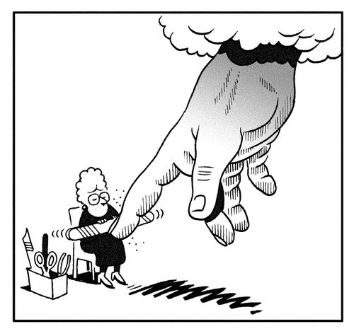 Woman files God's nails.