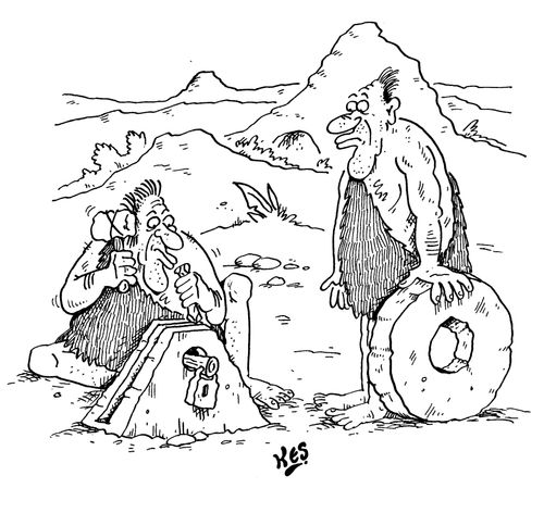Inventor of the wheel sees  man inventing wheel clamp.