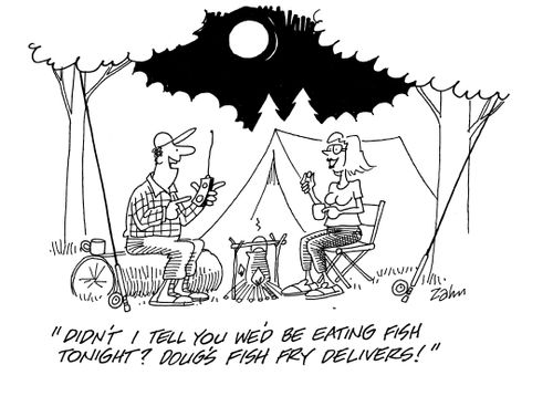 'Didn't I tell you we'd be eating fish tonight? Doug's fish fry delivers!'