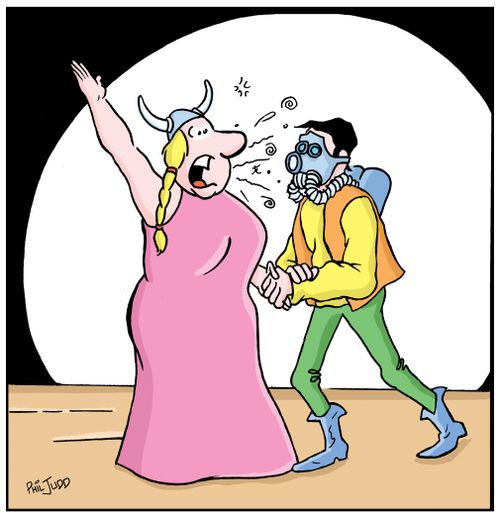 Opera singer singing to her partner who is wearing a gas mask on due to her bad breath.