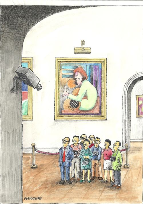Japanese tourists smiling at CCTV in art gallery.