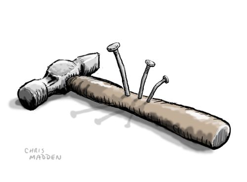 Nails pinning down the hammer that usually strikes them.