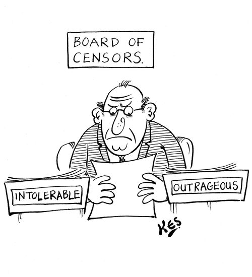 Man at 'Board of Censors' desk, with 'Intolerable' / 'Outrageous' work boxes.