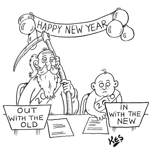 Old year sits by 'Out' box, and new year sits by 'In' box in office.