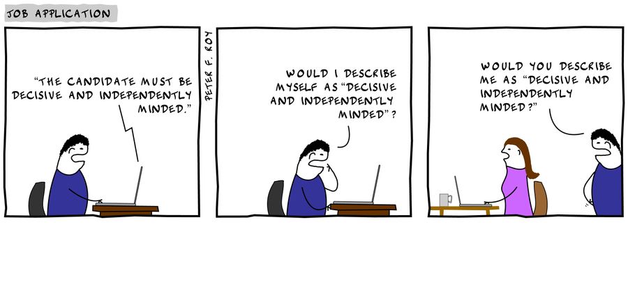 'The candidate must be decisive and independently minded.' - 'Would I describe myself as 'decisive and independently minded'?' - 'Would you describe me as 'decisive and independently minded'?'