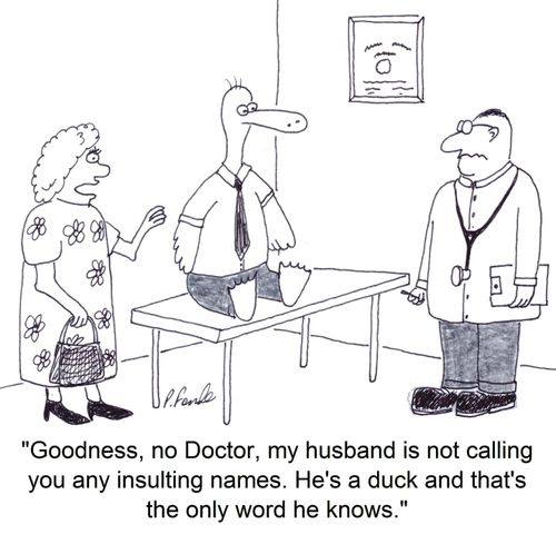 'Goodness, no Doctor, my husband is not calling you any insulting names. He's a duck and that's the only word he knows.'