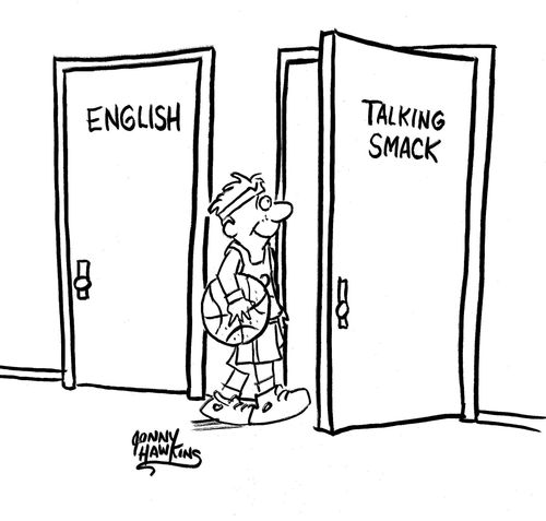 Door with 'English' next to door with 'Talking Smack'.