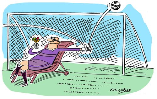 Relaxed goalkeeper saves ball.