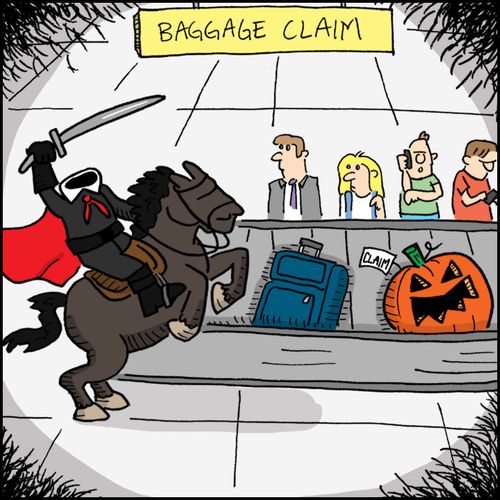The Headless Horseman claims his luggage.