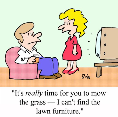 'It's REALLY time for you to mow the grass -- I can't find the lawn furniture.'