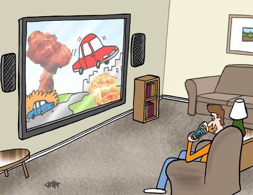 Man is watching TV on his smartphone instead of the big screen TV in front of him.
