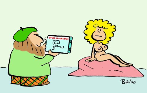 Artist paints nude model with Etch-a-Sketch.
