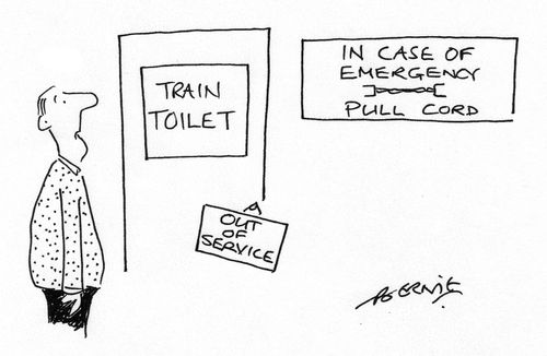 The toilet on the train is out of order, and you can pull the cord incase of an emergency.