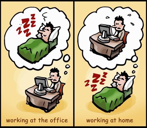 Working at the office. Working at home.