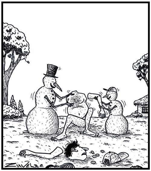 A Snowman and his Son making a Human Snowman.
