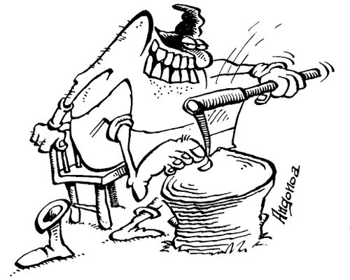 Executioner using his axe to cut his toe nails